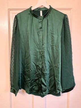 ePretty Emerald Green Satin Blouse with Mandarin Collar & Swiss dot sleeves